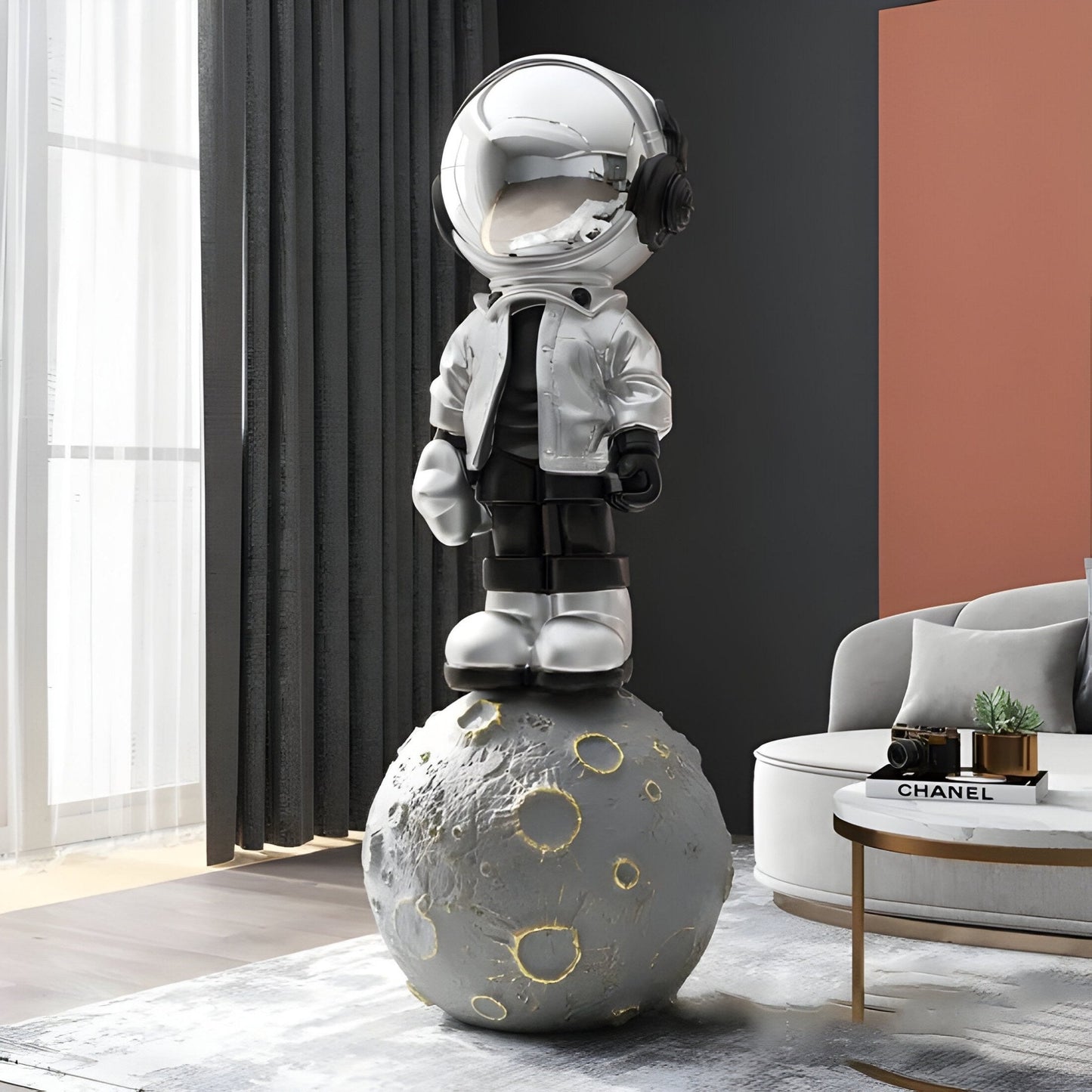Große Lunar Silver Astronaut Beats On Moon Skulptur - 140cm