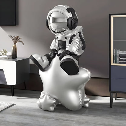Mittlere Astral Silber Astronauten Beats Auf Stern Skulptur - 90cm