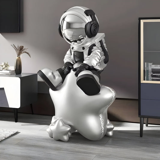 Mittlere Astral Silber Astronauten Beats Auf Stern Skulptur - 90cm