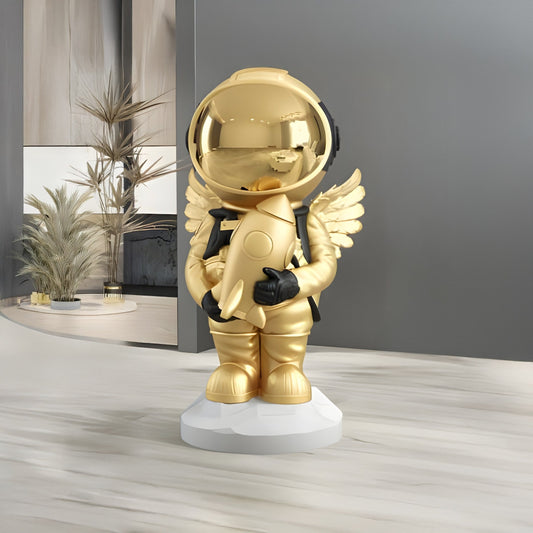 Kleine himmlische goldene Astronauten-Engel-Raketen-Skulptur - 75 cm